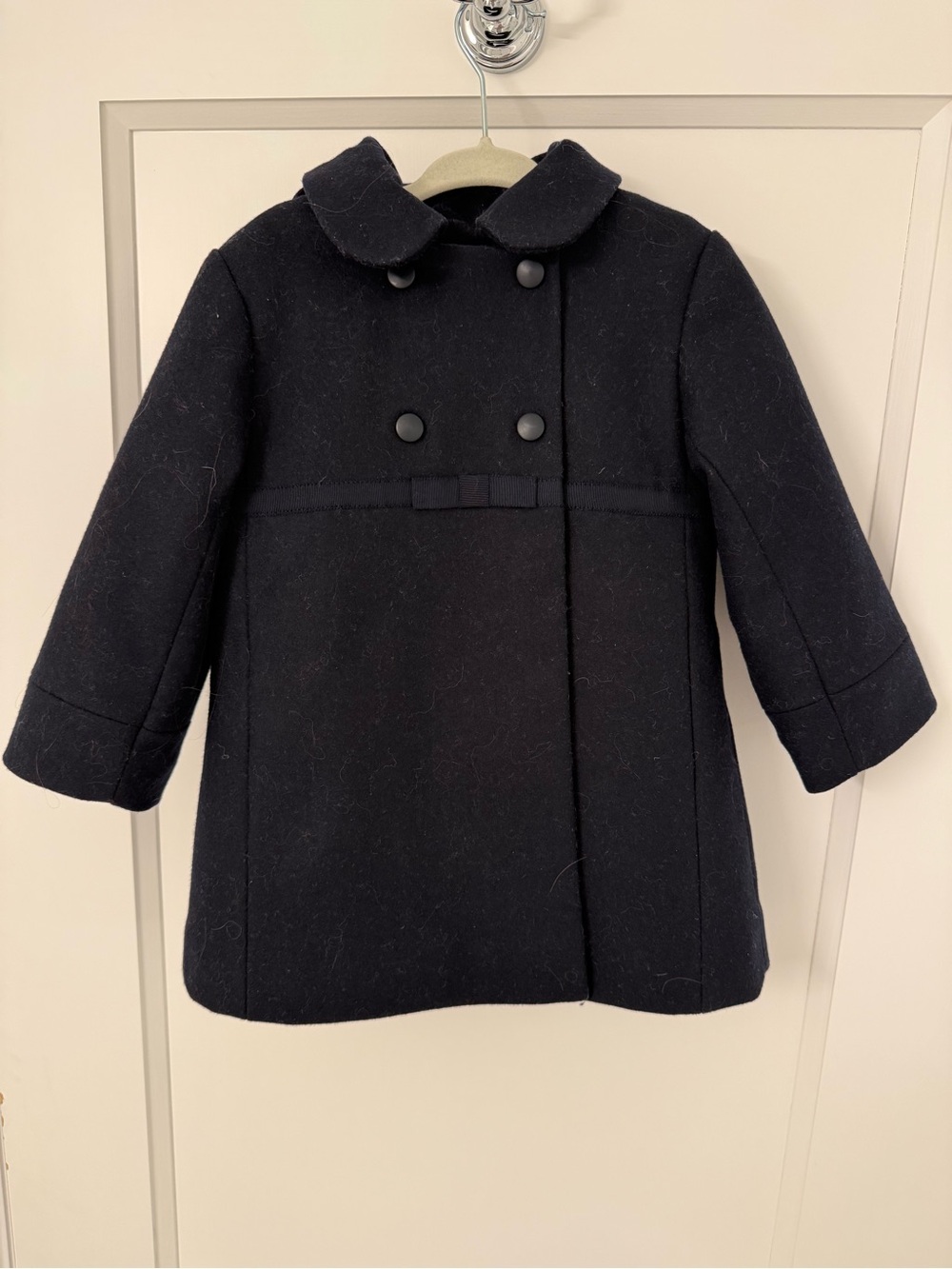 Jacadi Classic Navy Double-Breasted Kids Wool Coat with hood attachment